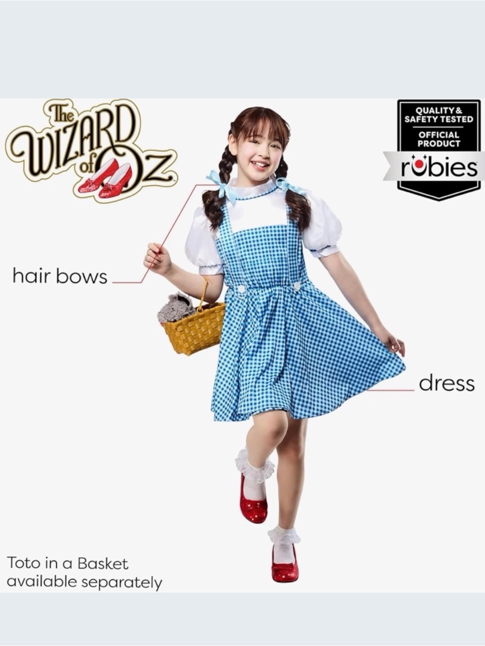 Wizard of Oz Dorothy Costume Dress  Blue White Gingham Hair Bows Girl Medium 7-8